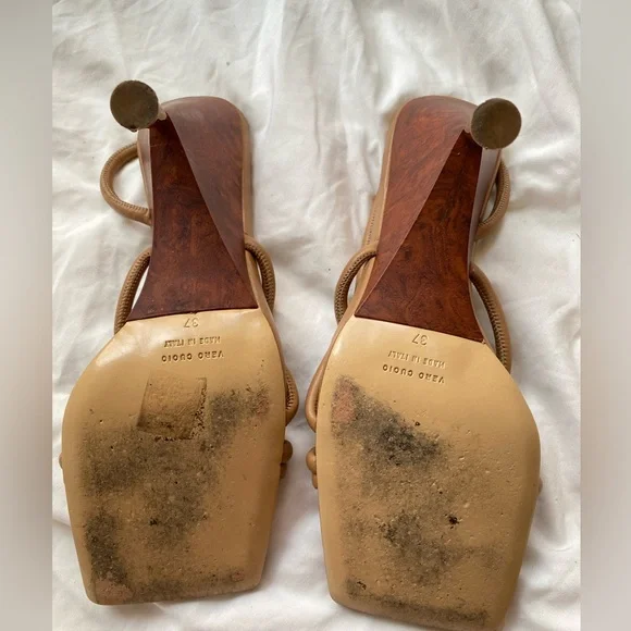 Gia Borghini Tan Strappy Square-Toe Heels with Gold Flared Heel - Picture 7 of 10